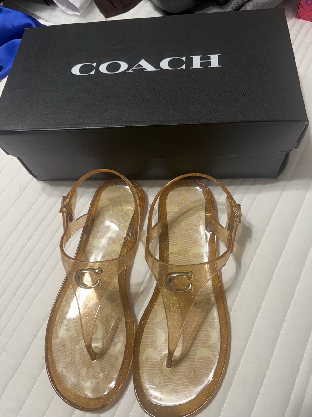 COACH Metallic Tan Jelly T-Strap Sandals with Signature 'C'
